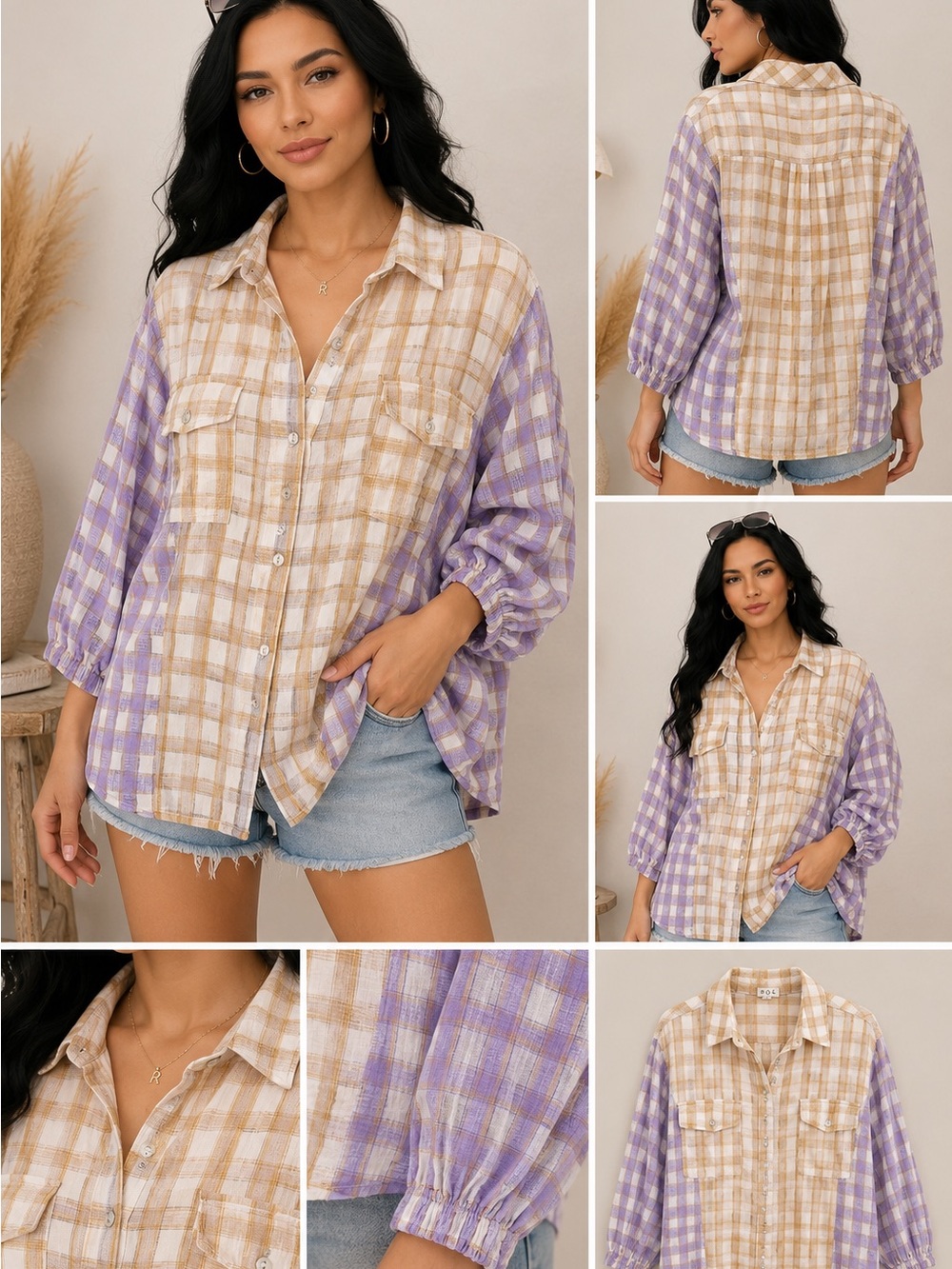 POL Mixed Plaid Oversized Button Down Shirt Patchwork
